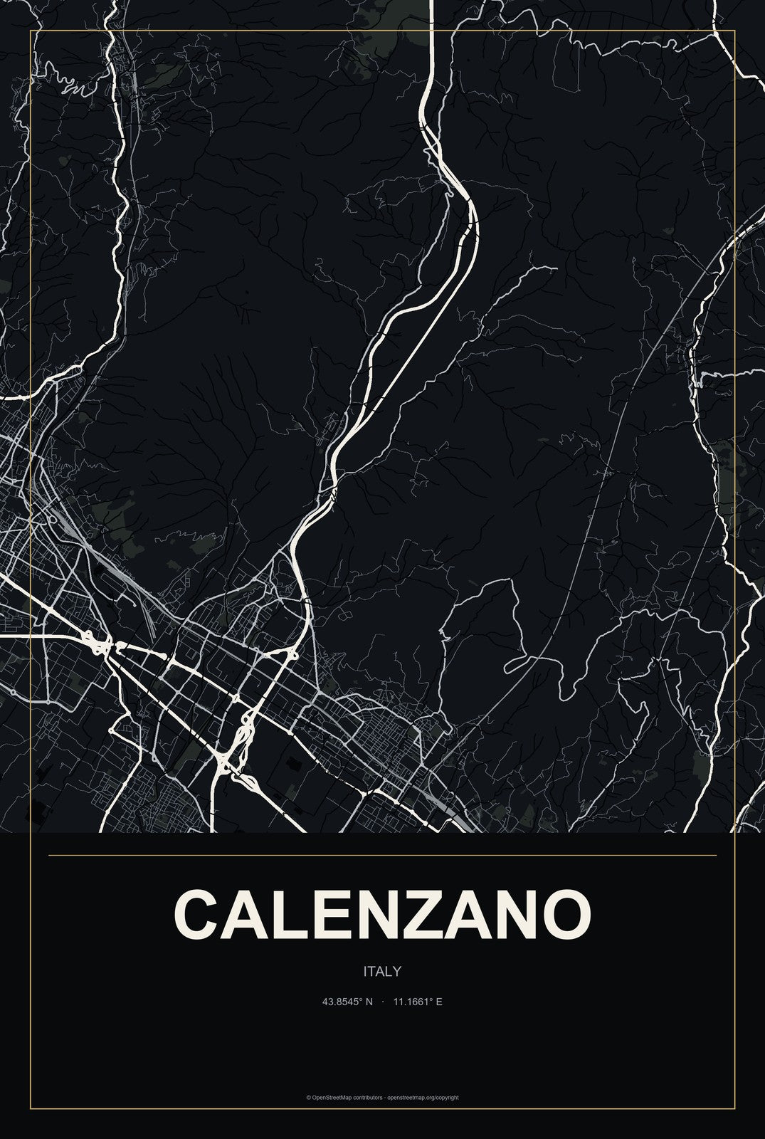 Calenzano, Italy City Map Aluminum Sign in Metropolitan Noir style
