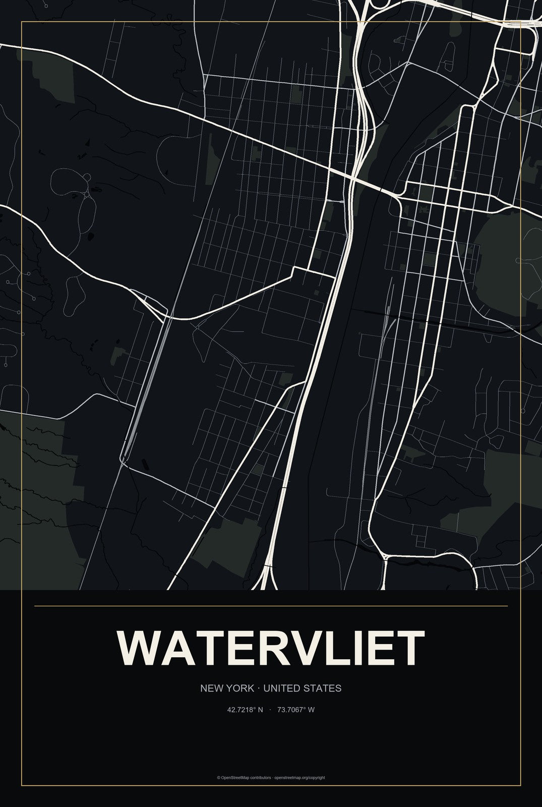 Watervliet, New York City Map Aluminum Sign in Metropolitan Noir style