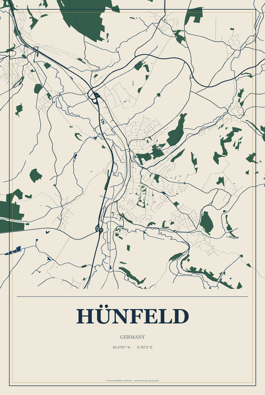 Hünfeld, Germany City Map Aluminum Sign in Coastal Cutout style
