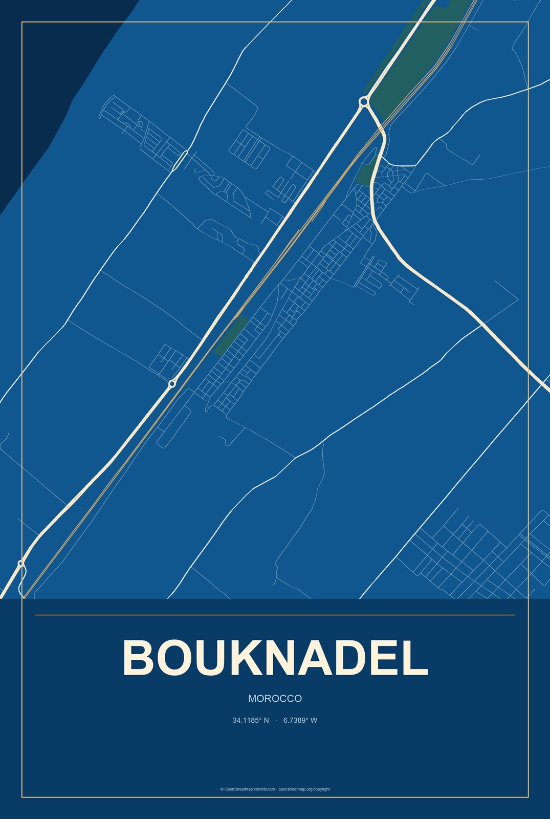 Bouknadel, Morocco City Map Aluminum Sign in Harbor Cobalt style