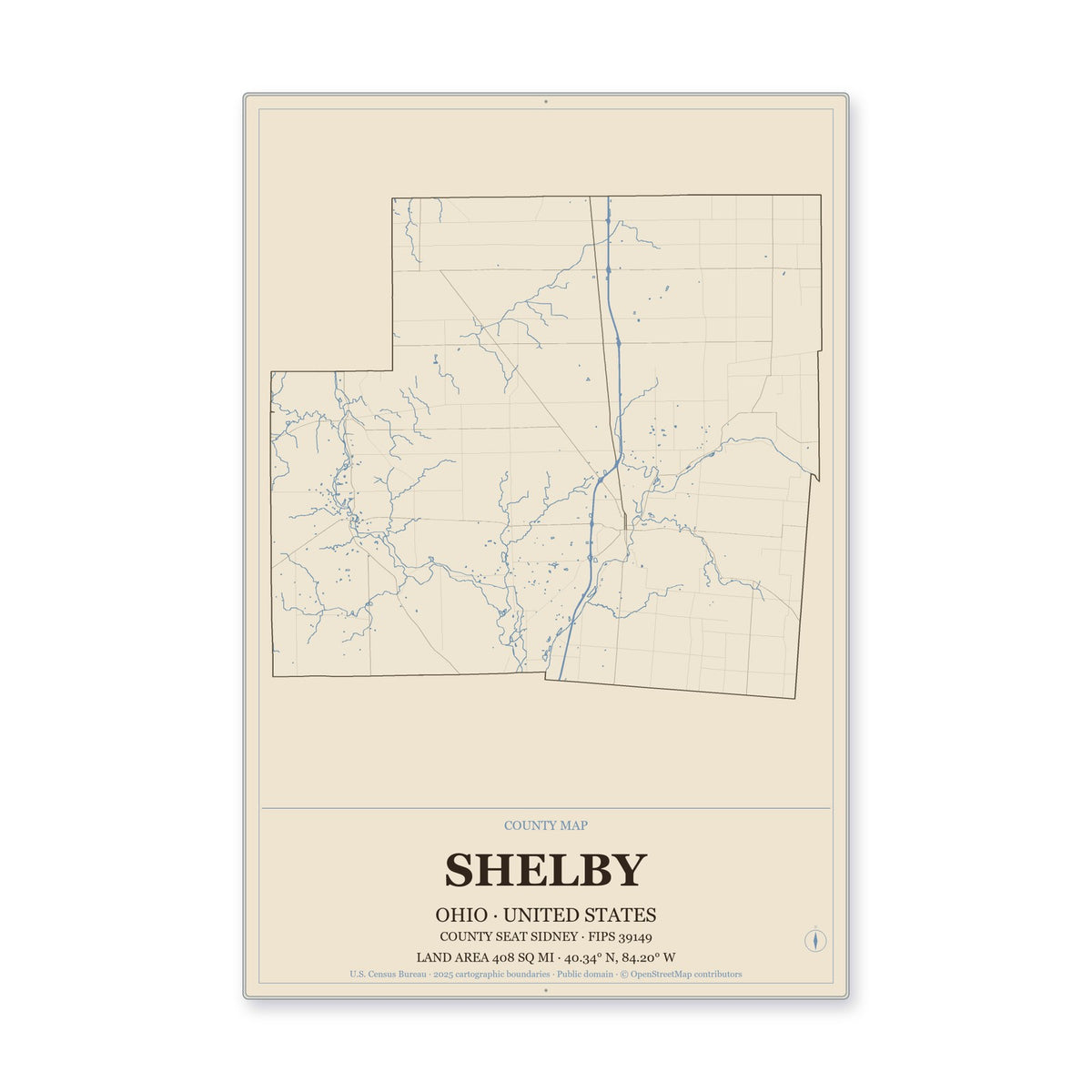 Shelby County, Ohio Map Aluminum Sign in Heritage Nautical style