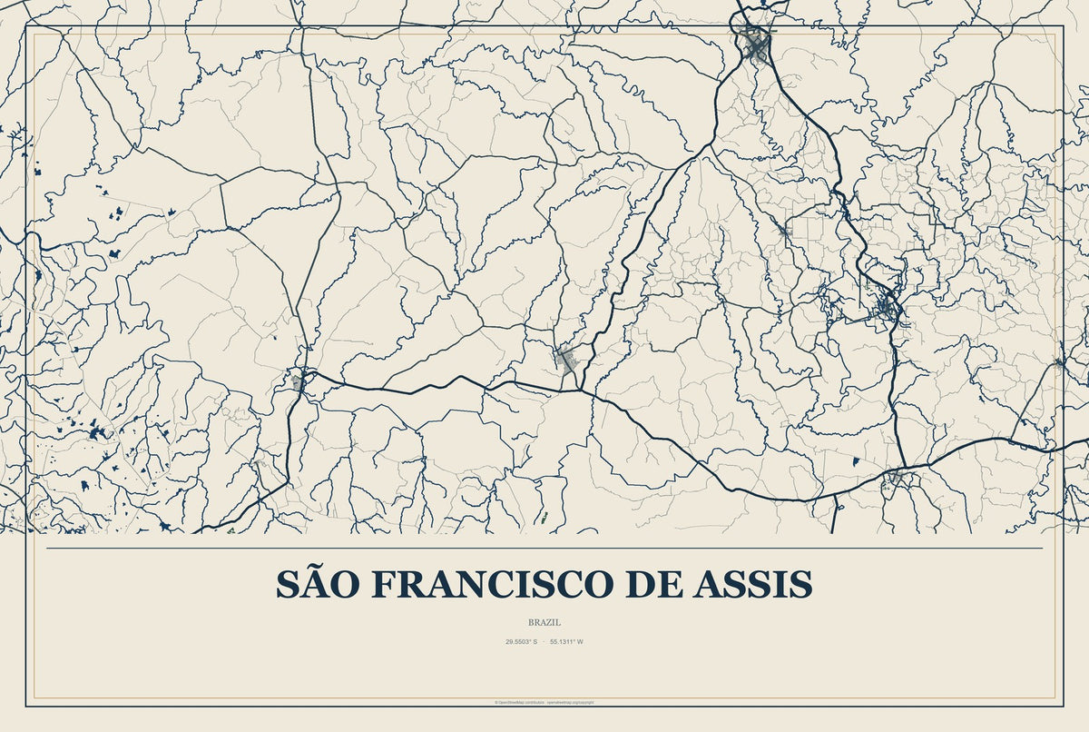 São Francisco de Assis, Brazil City Map Aluminum Sign in Coastal Cutout style
