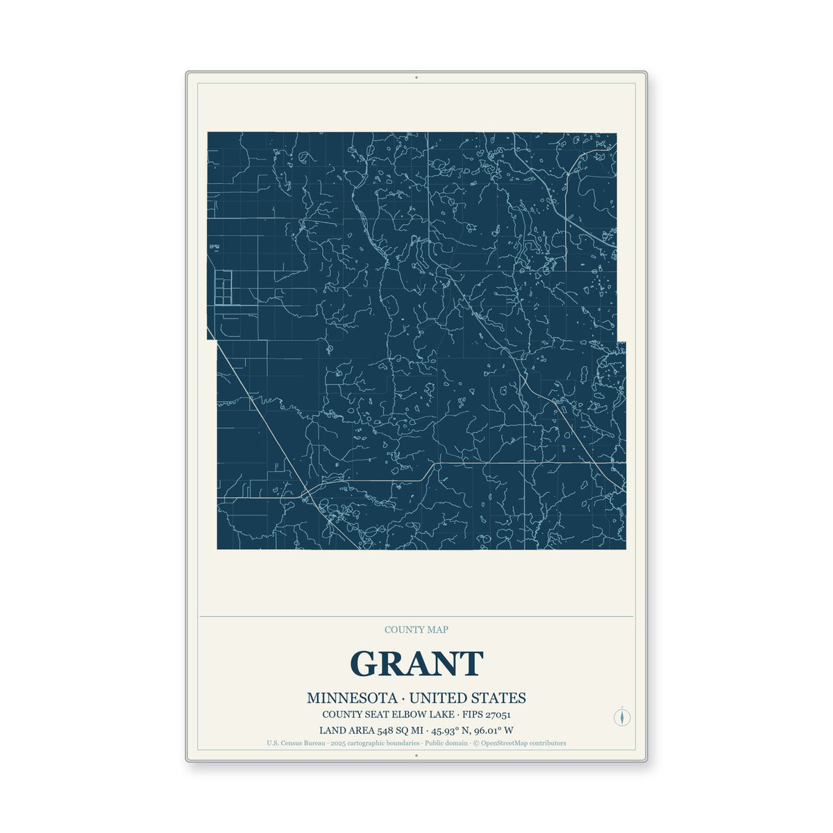 Grant County, Minnesota Map Aluminum Sign in Coastal Cutout style