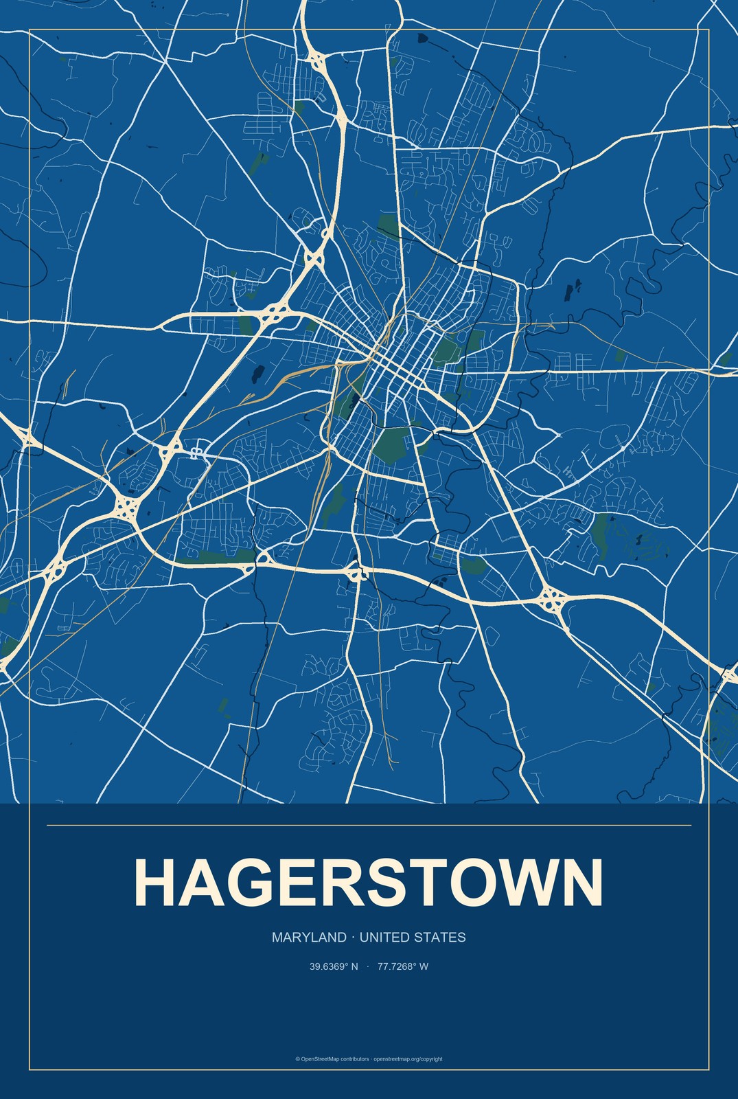 Hagerstown, Maryland City Map Aluminum Sign in Harbor Cobalt style