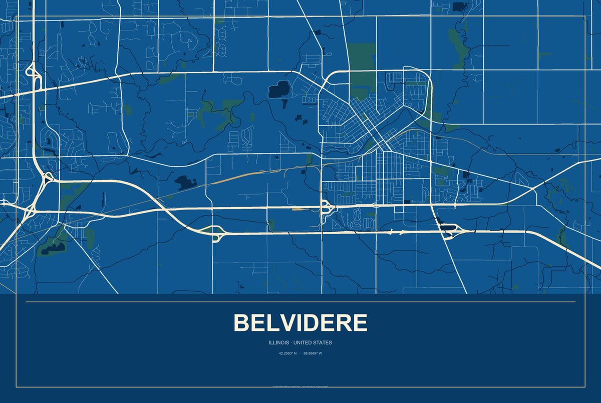 Belvidere, Illinois City Map Aluminum Sign in Harbor Cobalt style