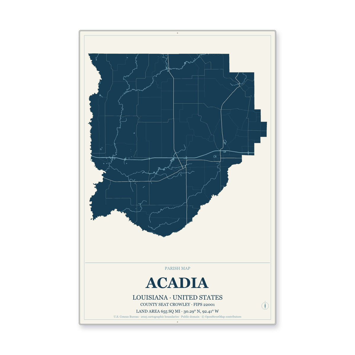Acadia Parish, Louisiana Map Aluminum Sign in Coastal Cutout style
