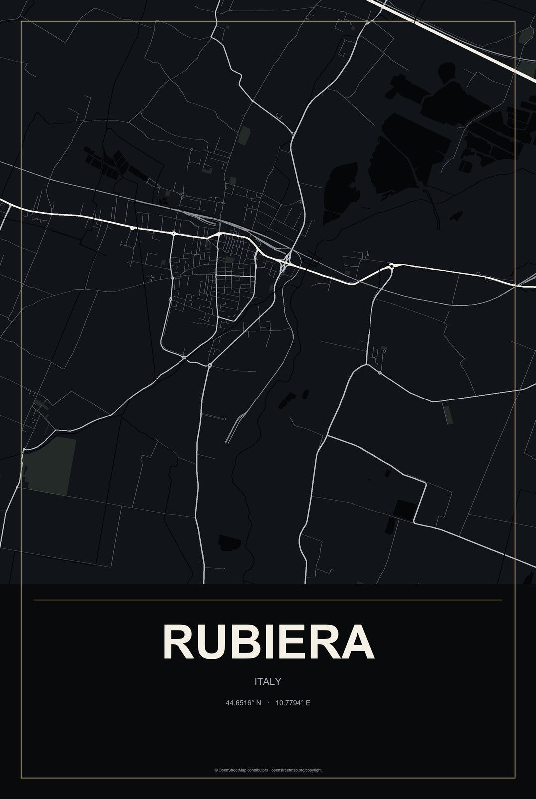 Rubiera, Italy City Map Aluminum Sign in Metropolitan Noir style