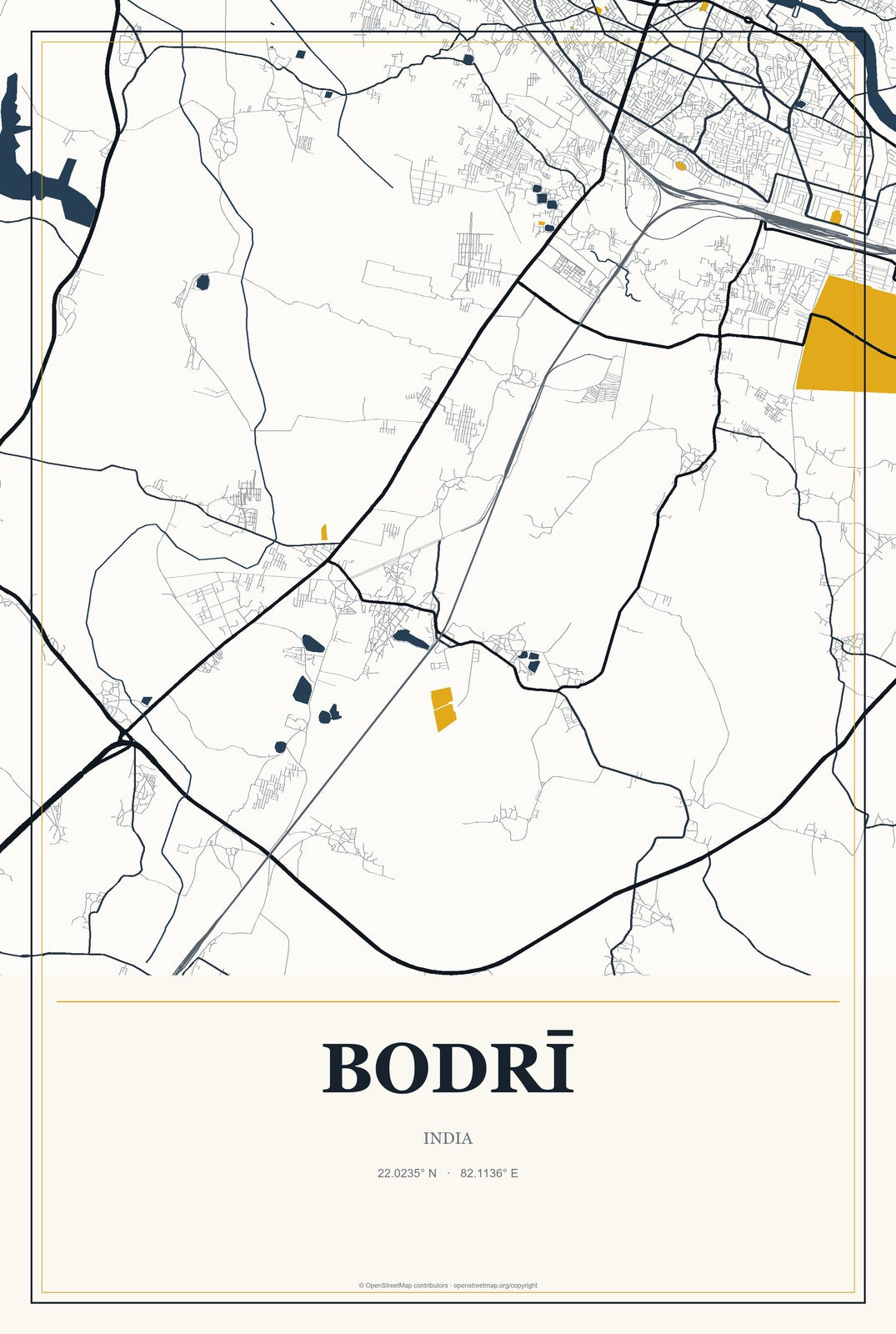 Bodrī, India City Map Aluminum Sign in Citrine Modern style