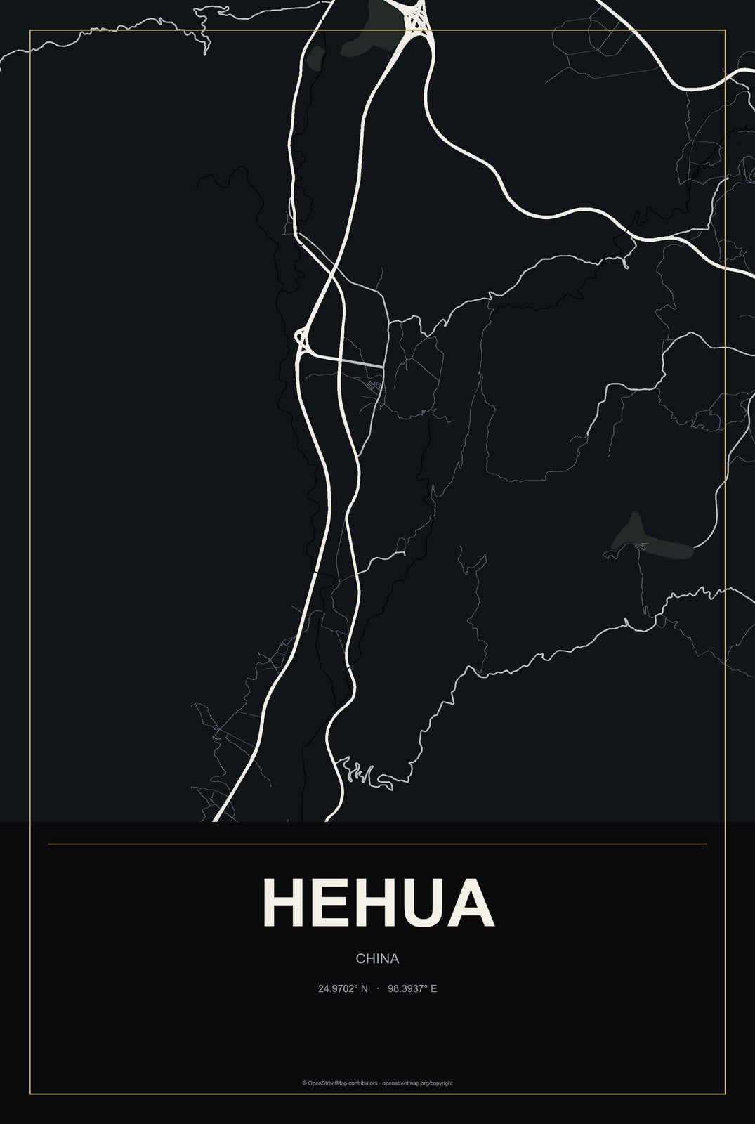 Hehua, China City Map Aluminum Sign in Metropolitan Noir style
