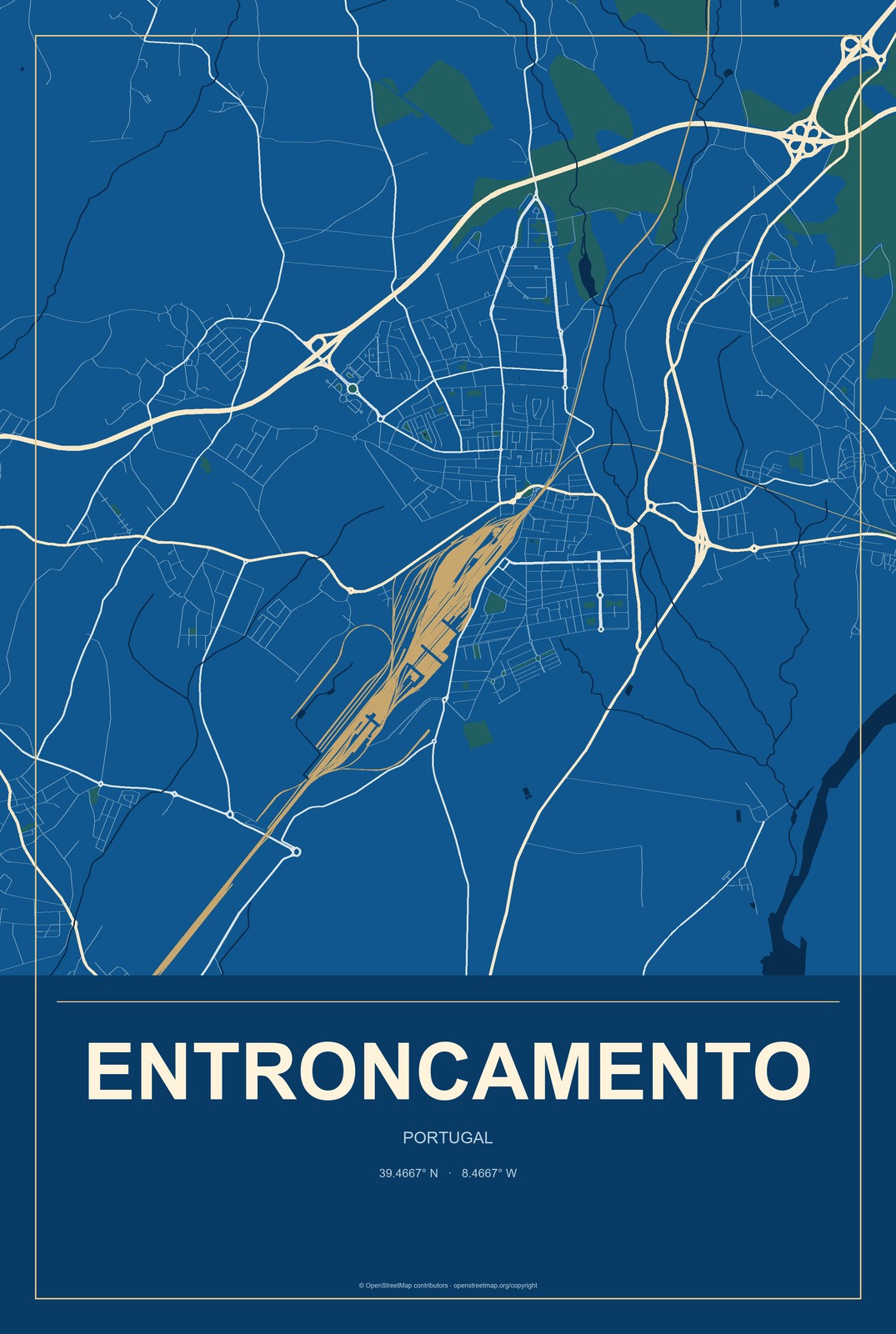 Entroncamento, Portugal City Map Aluminum Sign in Harbor Cobalt style