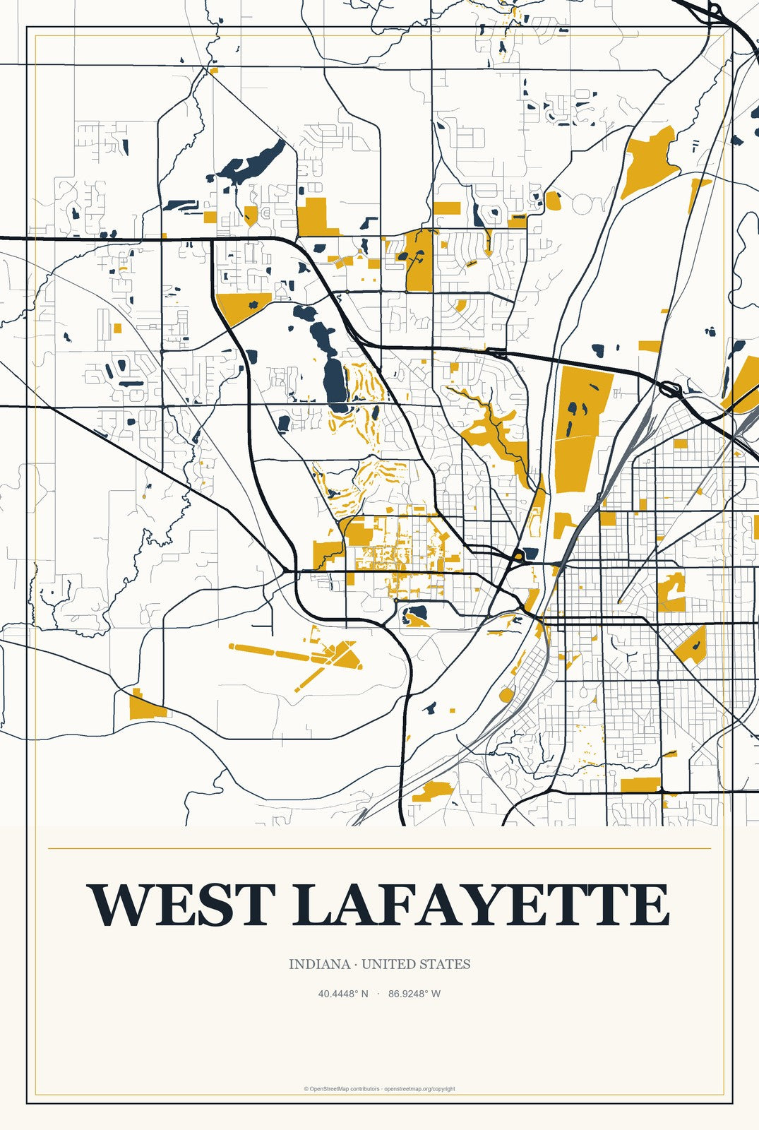 West Lafayette, Indiana City Map Aluminum Sign in Citrine Modern style