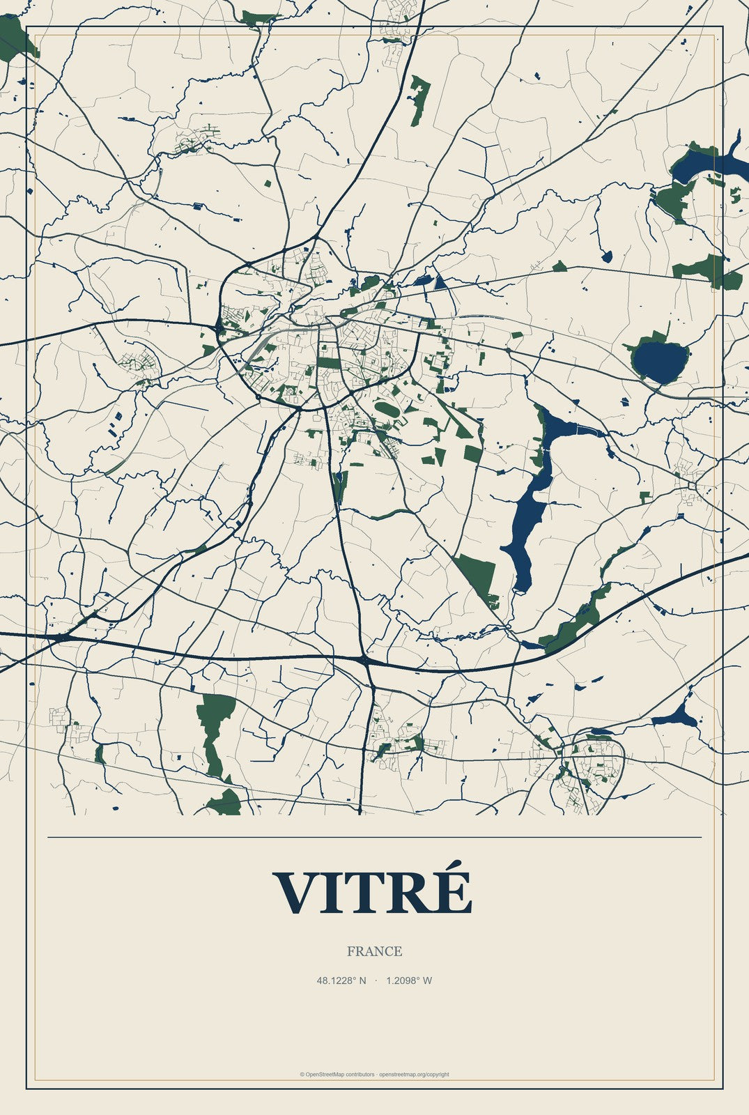 Vitré, France City Map Aluminum Sign in Coastal Cutout style