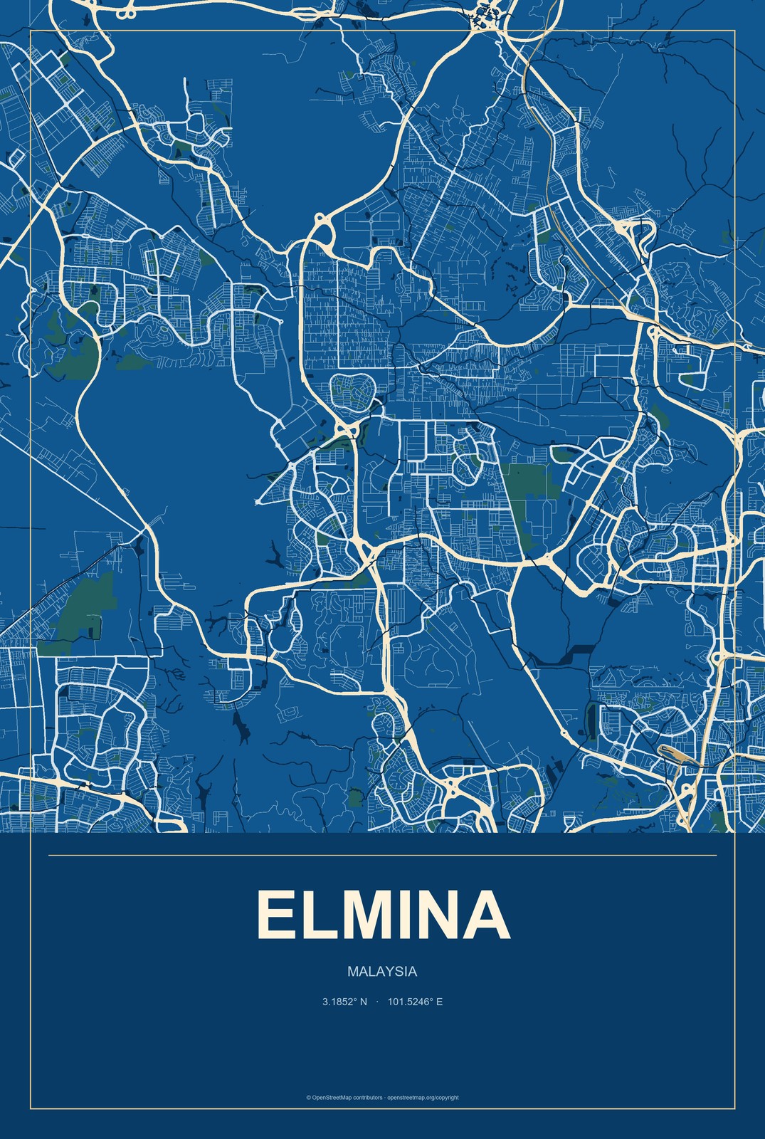 Elmina, Malaysia City Map Aluminum Sign in Harbor Cobalt style