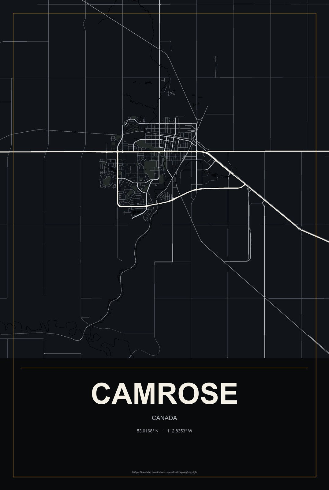 Camrose, Canada City Map Aluminum Sign in Metropolitan Noir style