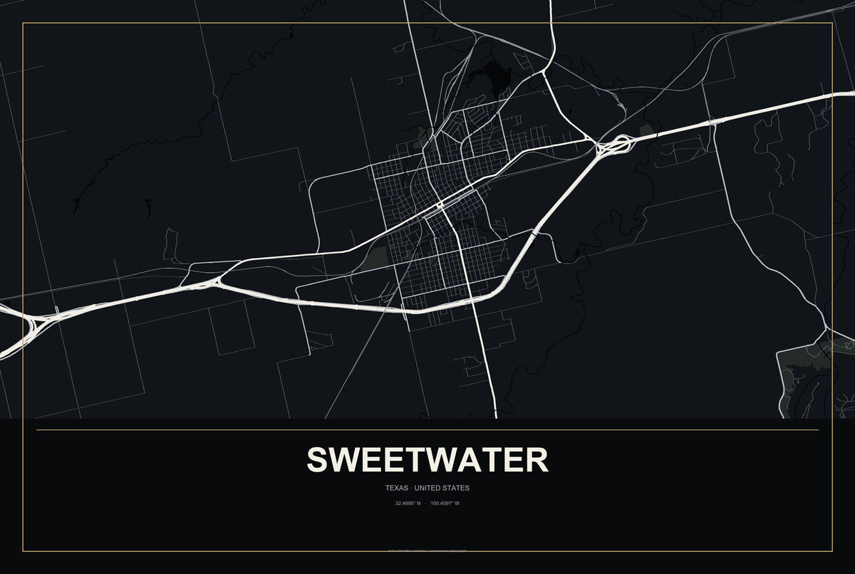 Sweetwater, Texas City Map Aluminum Sign in Metropolitan Noir style