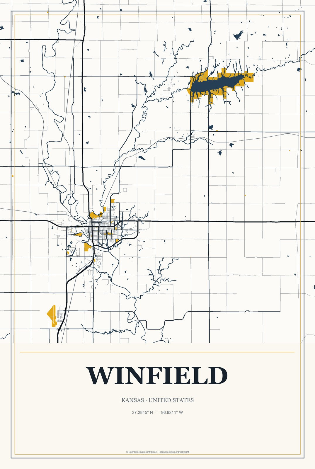 Winfield, Kansas City Map Aluminum Sign in Citrine Modern style