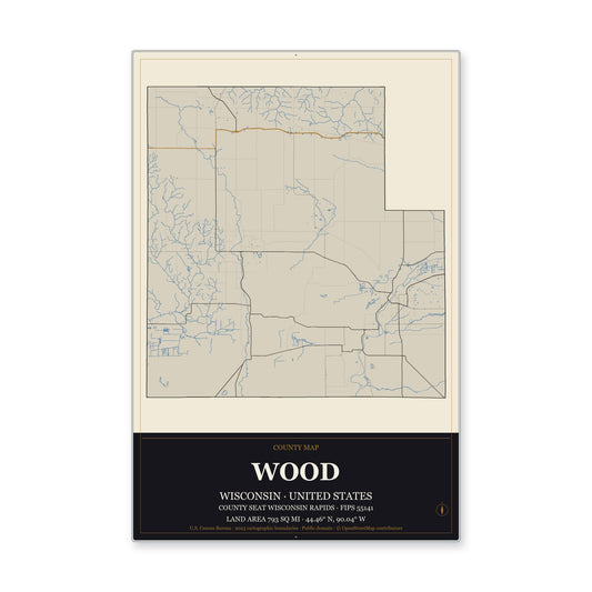 Wood County, Wisconsin Map Aluminum Sign in Museum Plaque style