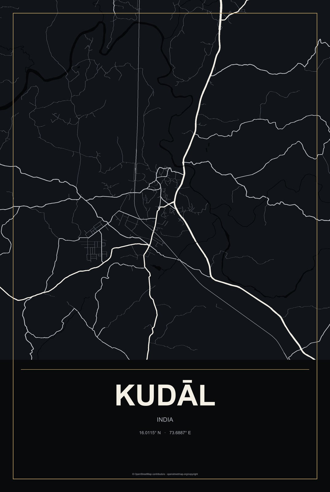 Kudāl, India City Map Aluminum Sign in Metropolitan Noir style