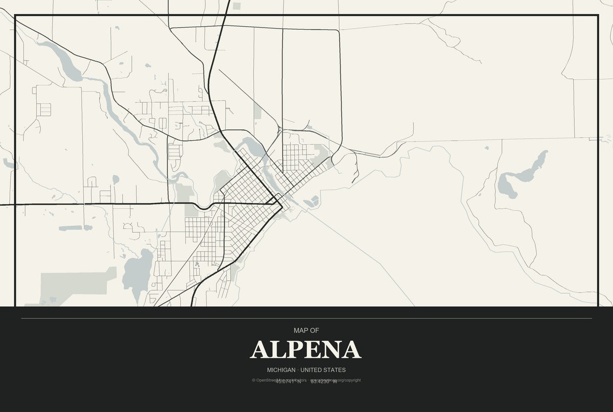 Alpena, Michigan City Map Aluminum Sign in Museum Plaque style