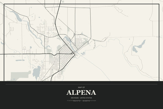 Alpena, Michigan City Map Aluminum Sign in Museum Plaque style