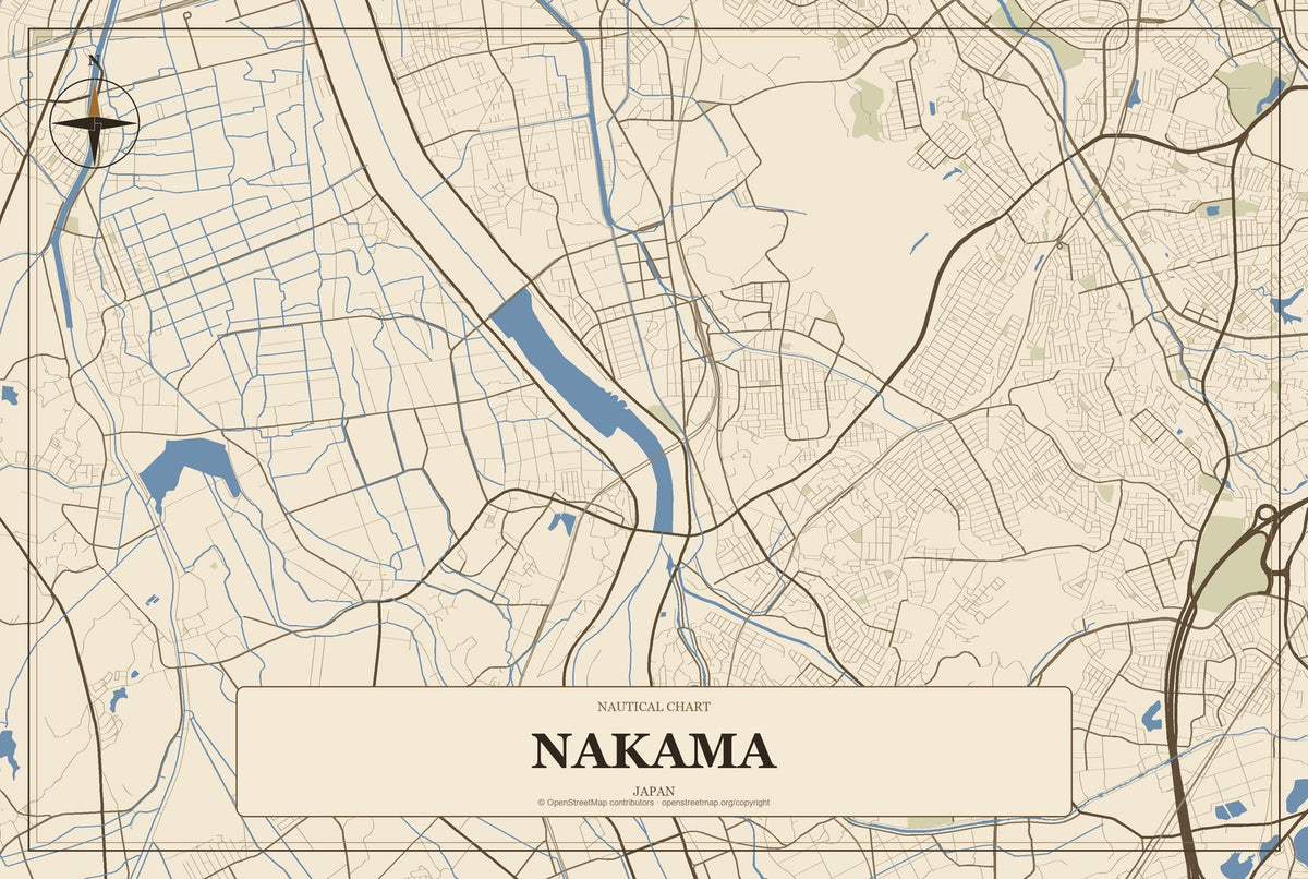 Nakama, Japan City Map Aluminum Sign in Heritage Nautical style