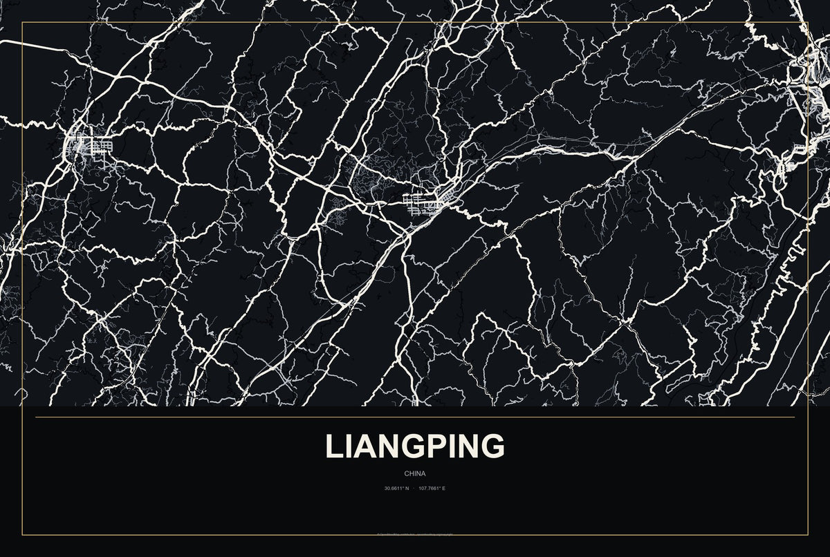 Liangping, China City Map Aluminum Sign in Metropolitan Noir style