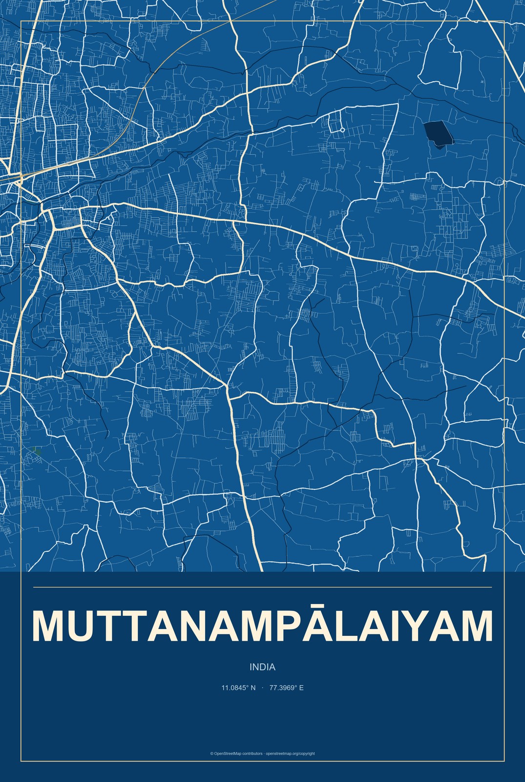 Muttanampālaiyam, India City Map Aluminum Sign in Harbor Cobalt style