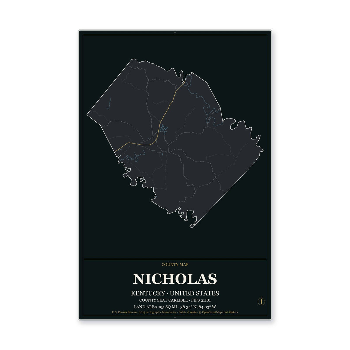 Nicholas County, Kentucky Map Aluminum Sign in Metropolitan Noir style