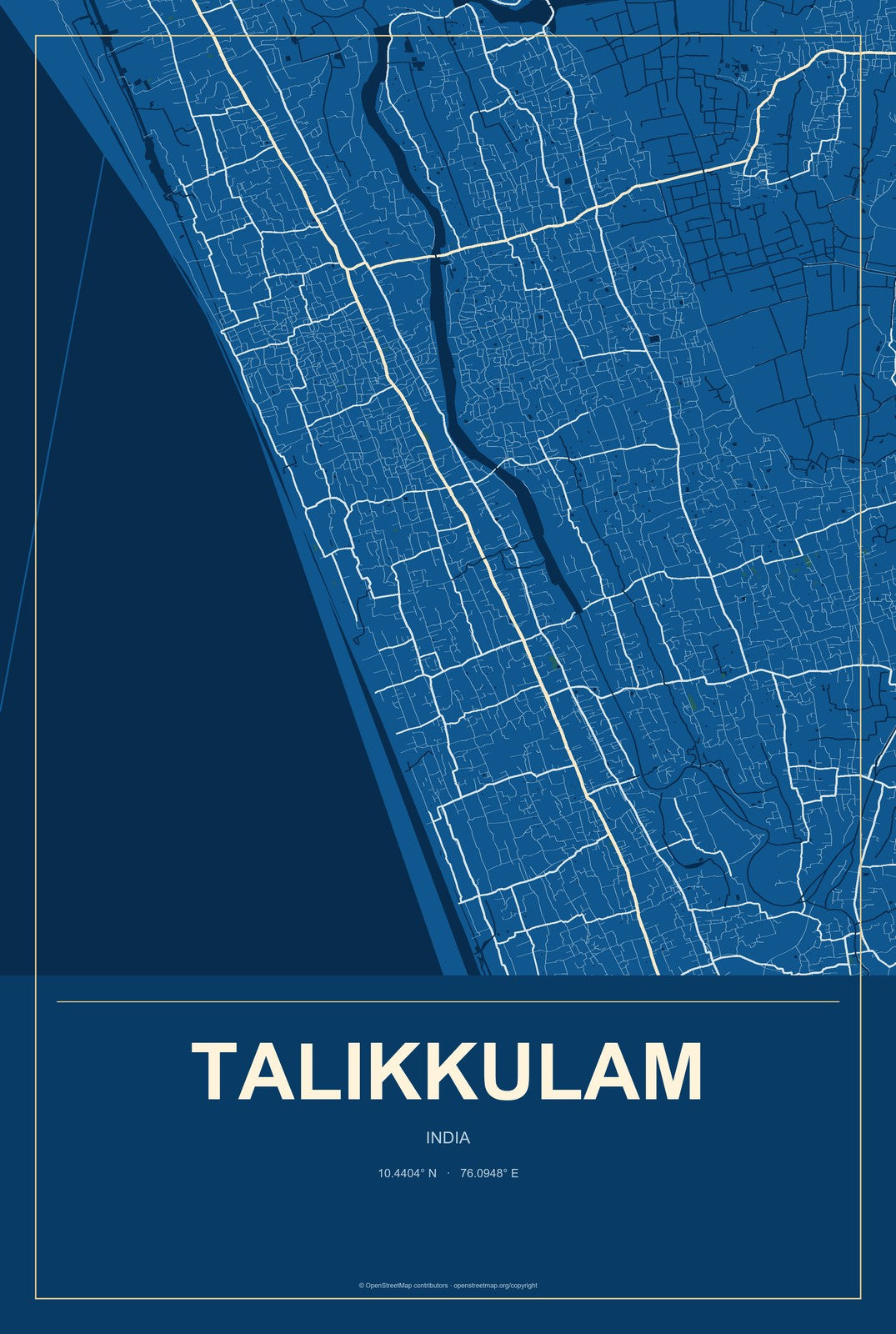 Talikkulam, India City Map Aluminum Sign in Harbor Cobalt style