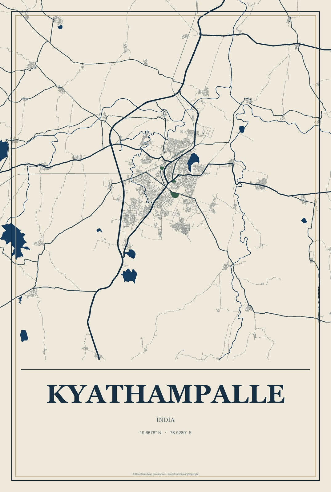 Kyathampalle, India City Map Aluminum Sign in Coastal Cutout style