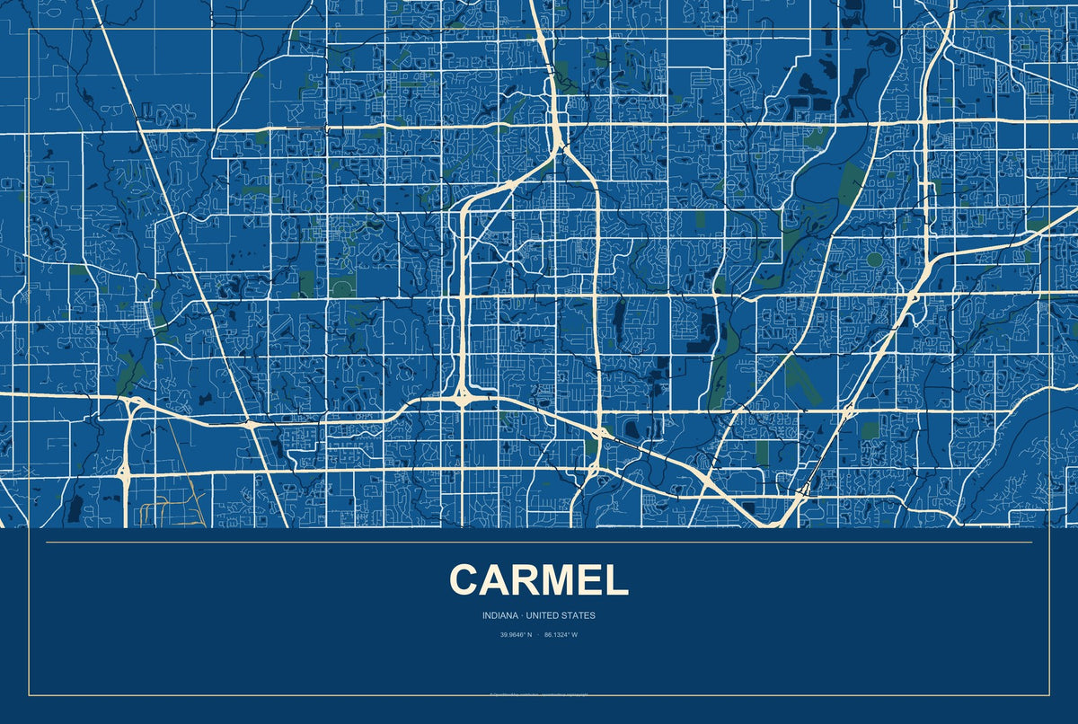 Carmel, Indiana City Map Aluminum Sign in Harbor Cobalt style