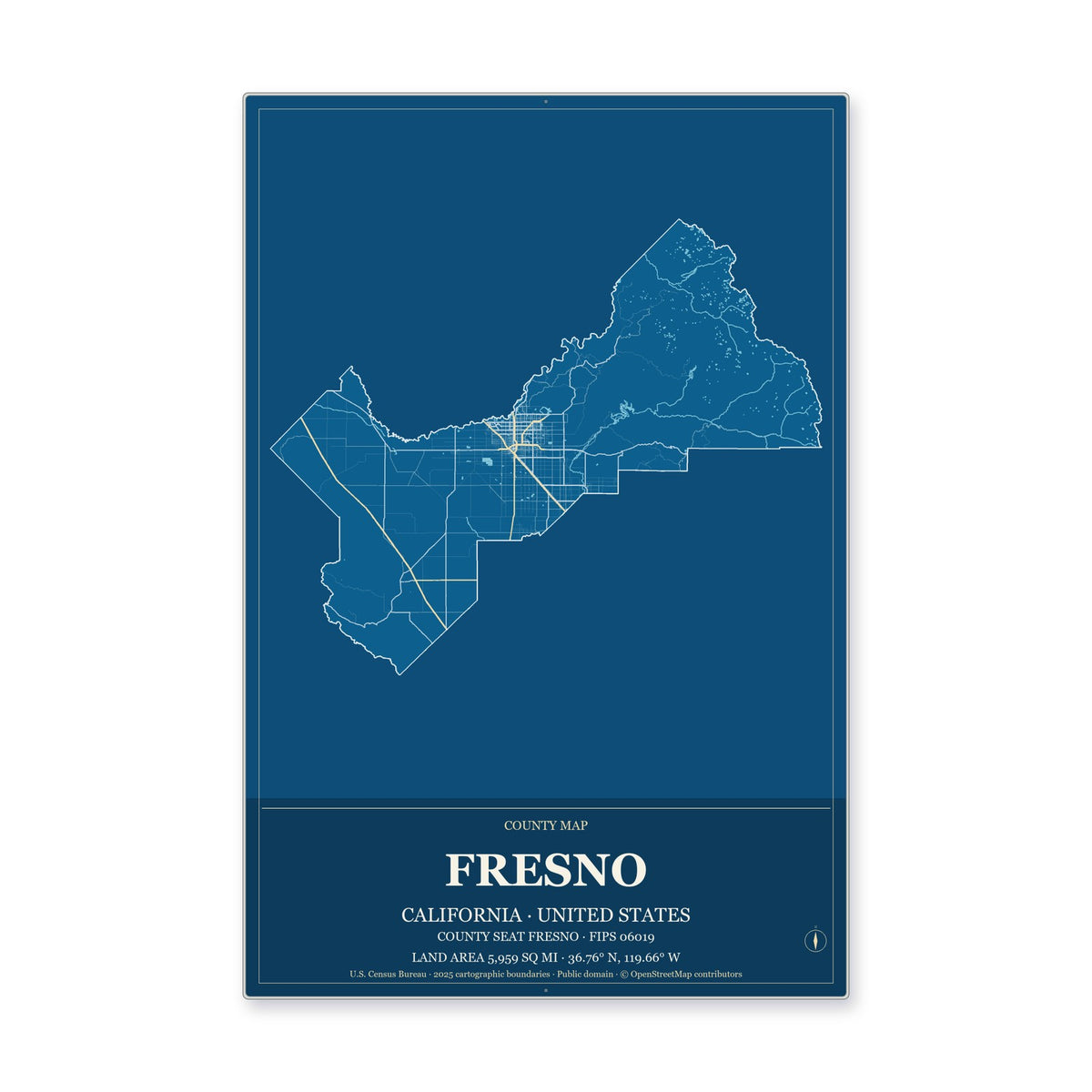 Fresno County, California Map Aluminum Sign in Harbor Cobalt style