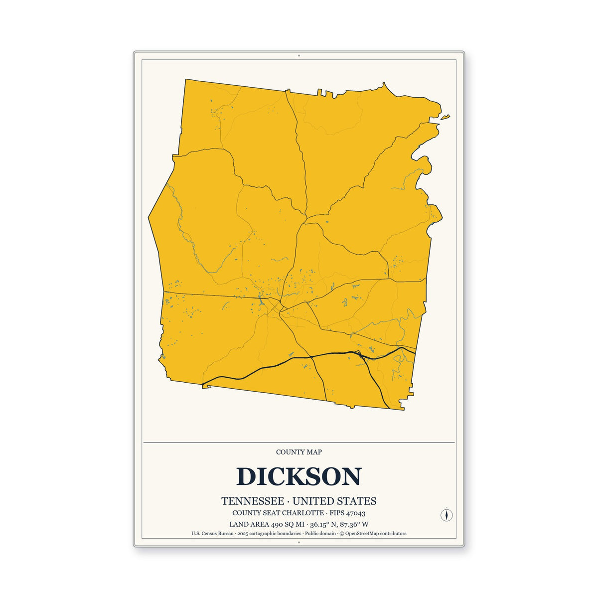 Dickson County, Tennessee Map Aluminum Sign in Citrine Modern style