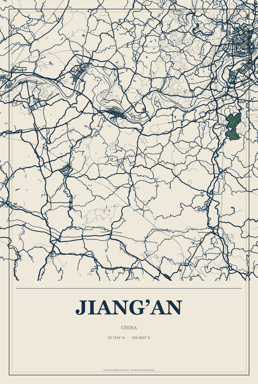 Jiang’an, China City Map Aluminum Sign in Coastal Cutout style