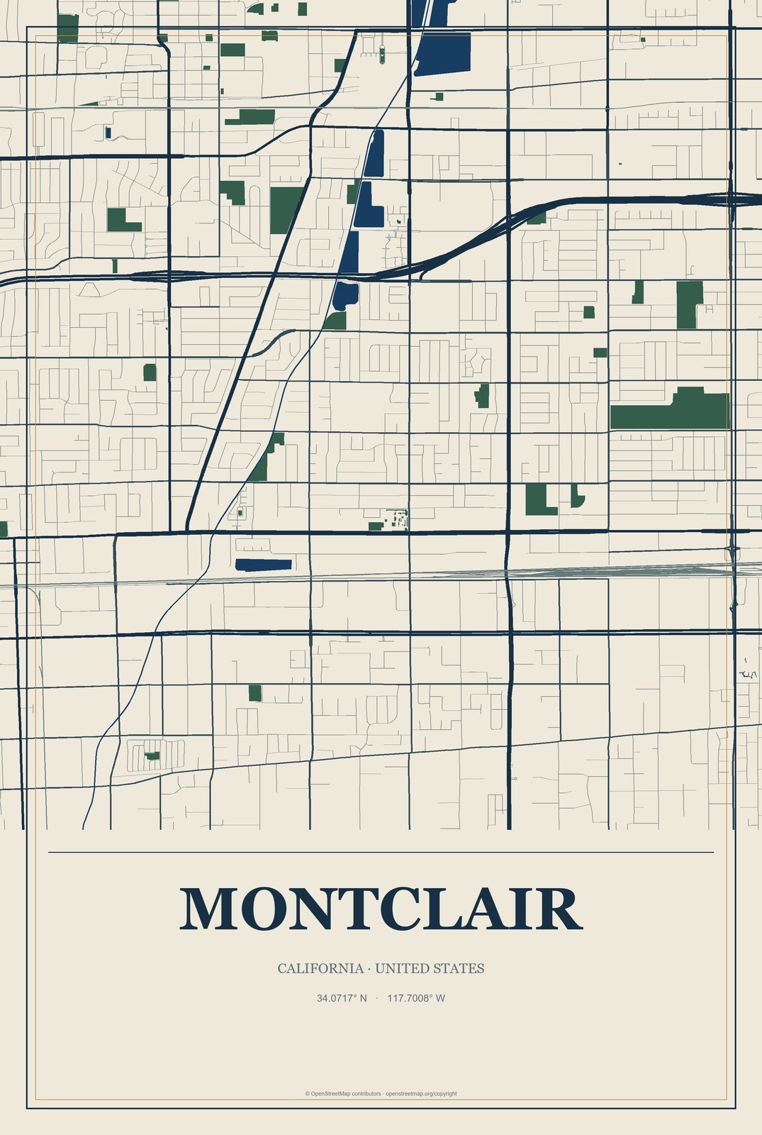 Montclair, California City Map Aluminum Sign in Coastal Cutout style