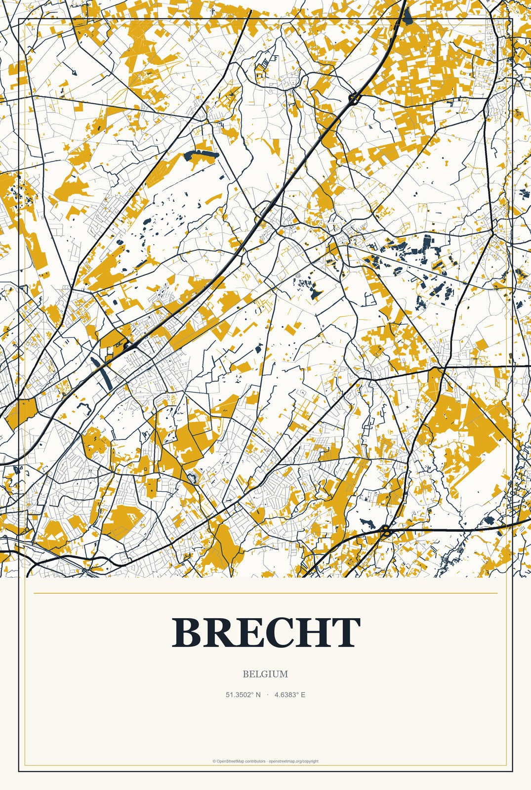 Brecht, Belgium City Map Aluminum Sign in Citrine Modern style