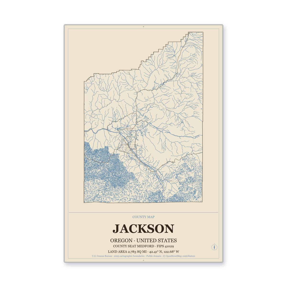 Jackson County, Oregon Map Aluminum Sign in Heritage Nautical style