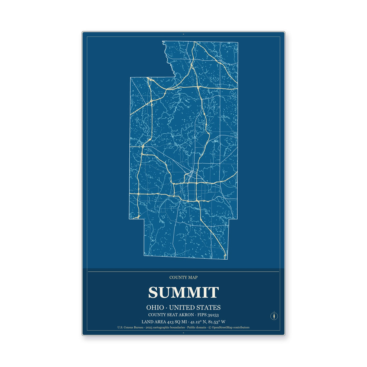 Summit County, Ohio Map Aluminum Sign in Harbor Cobalt style