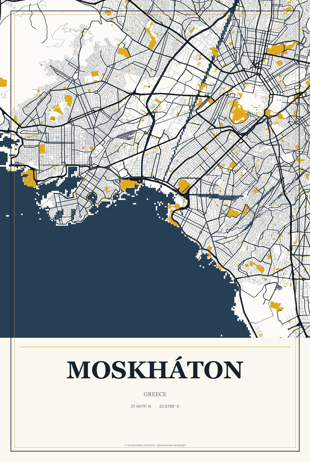 Moskháton, Greece City Map Aluminum Sign in Citrine Modern style