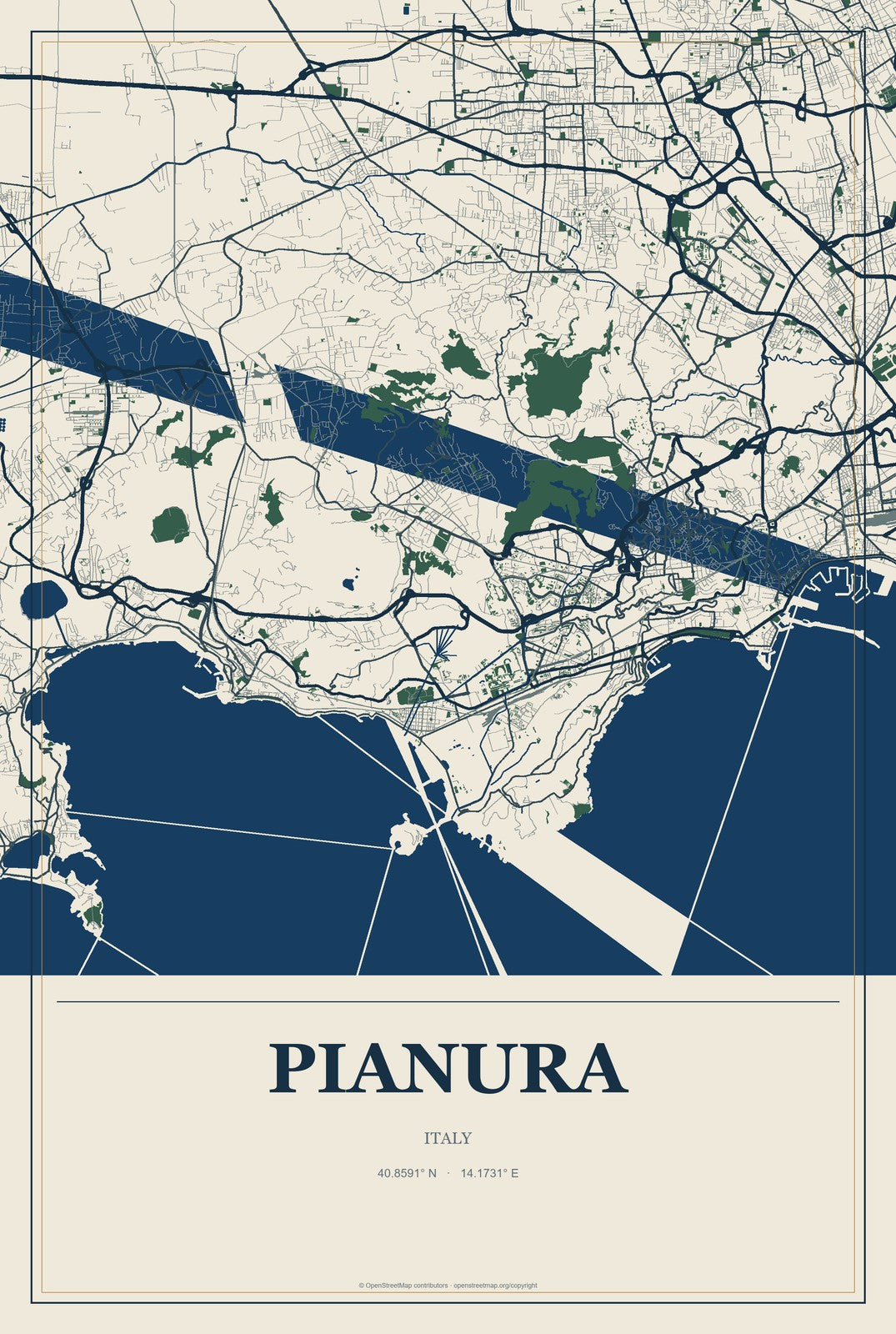 Pianura, Italy City Map Aluminum Sign in Coastal Cutout style