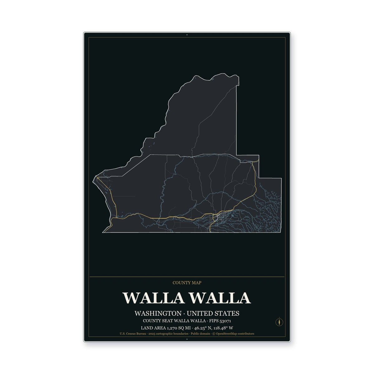 Walla Walla County, Washington Map Aluminum Sign in Metropolitan Noir style