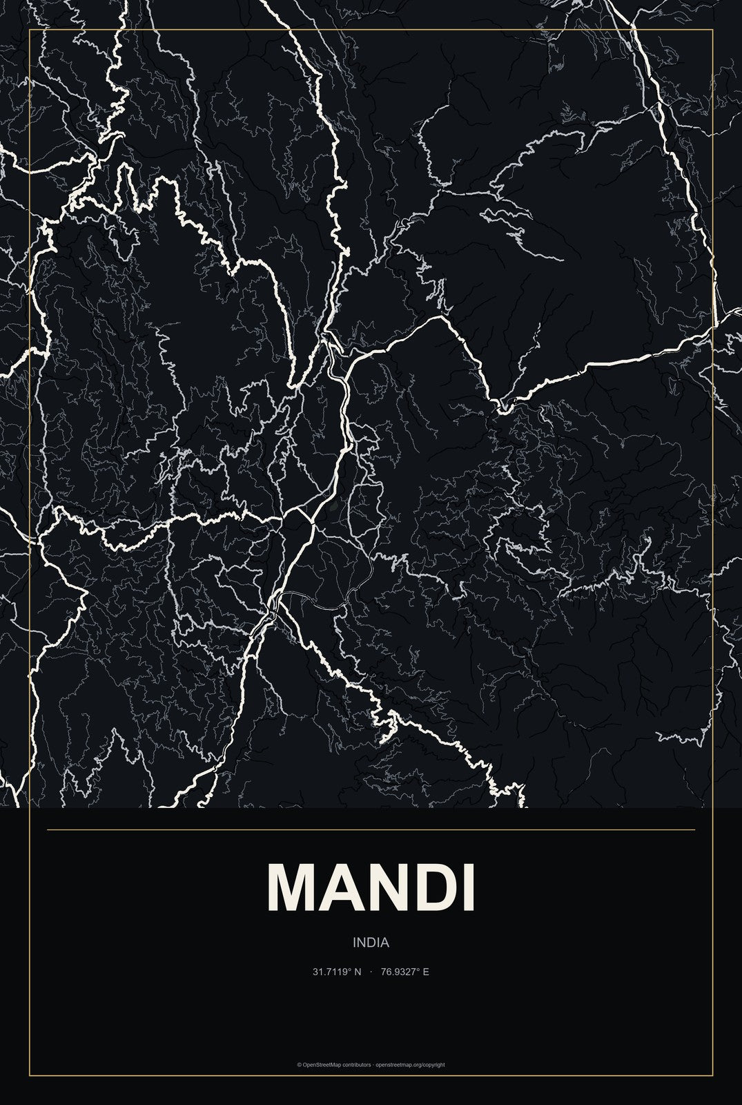 Mandi, India City Map Aluminum Sign in Metropolitan Noir style