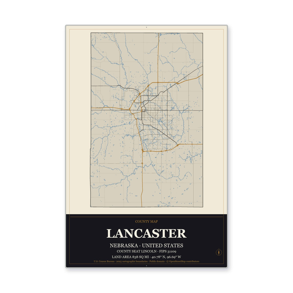Lancaster County, Nebraska Map Aluminum Sign in Museum Plaque style