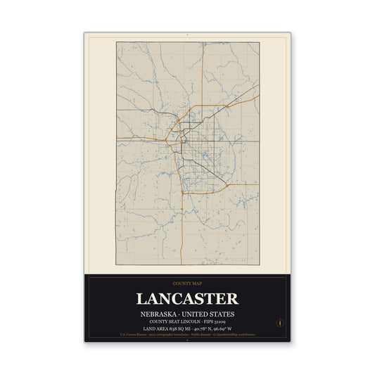 Lancaster County, Nebraska Map Aluminum Sign in Museum Plaque style