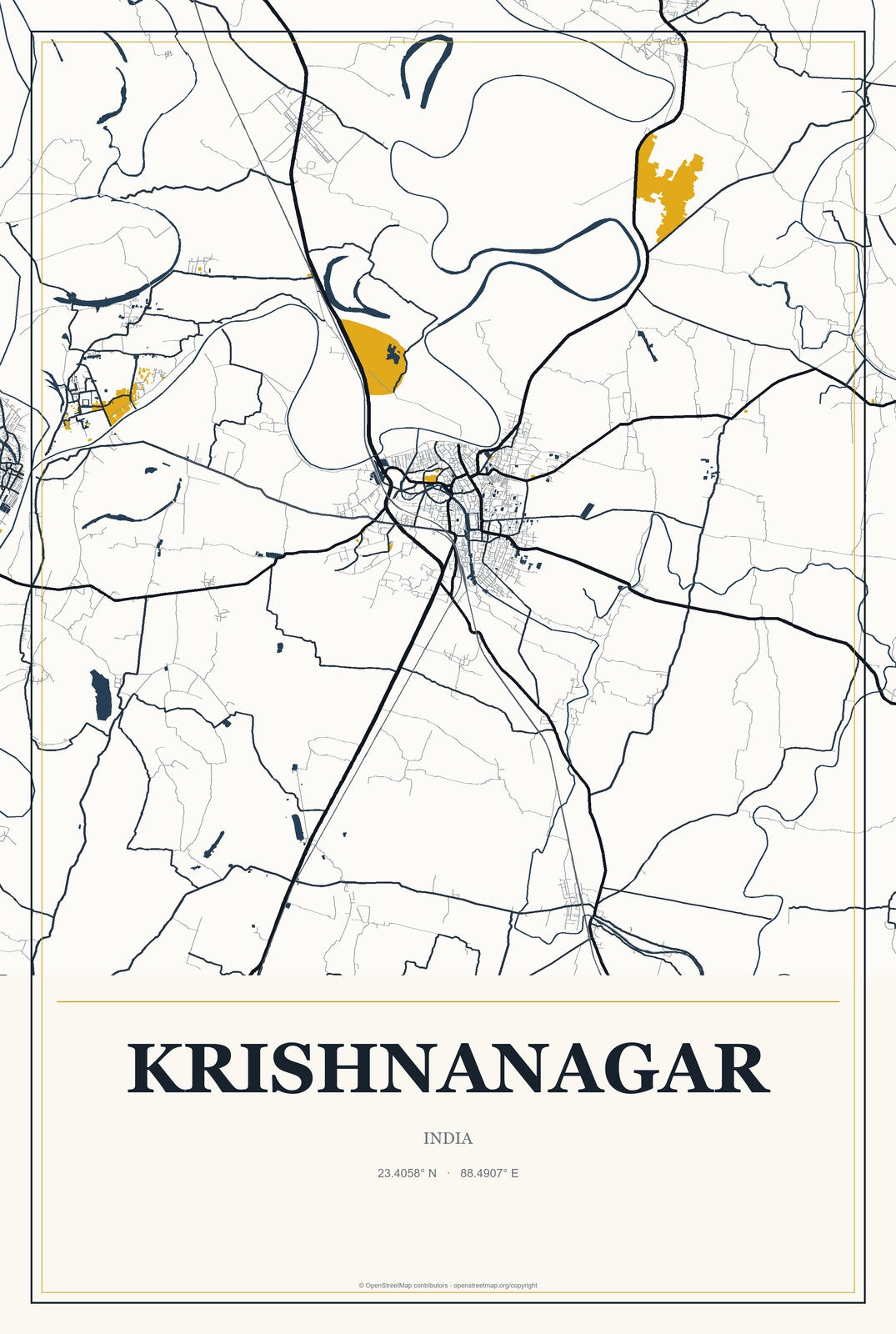 Krishnanagar, India City Map Aluminum Sign in Citrine Modern style