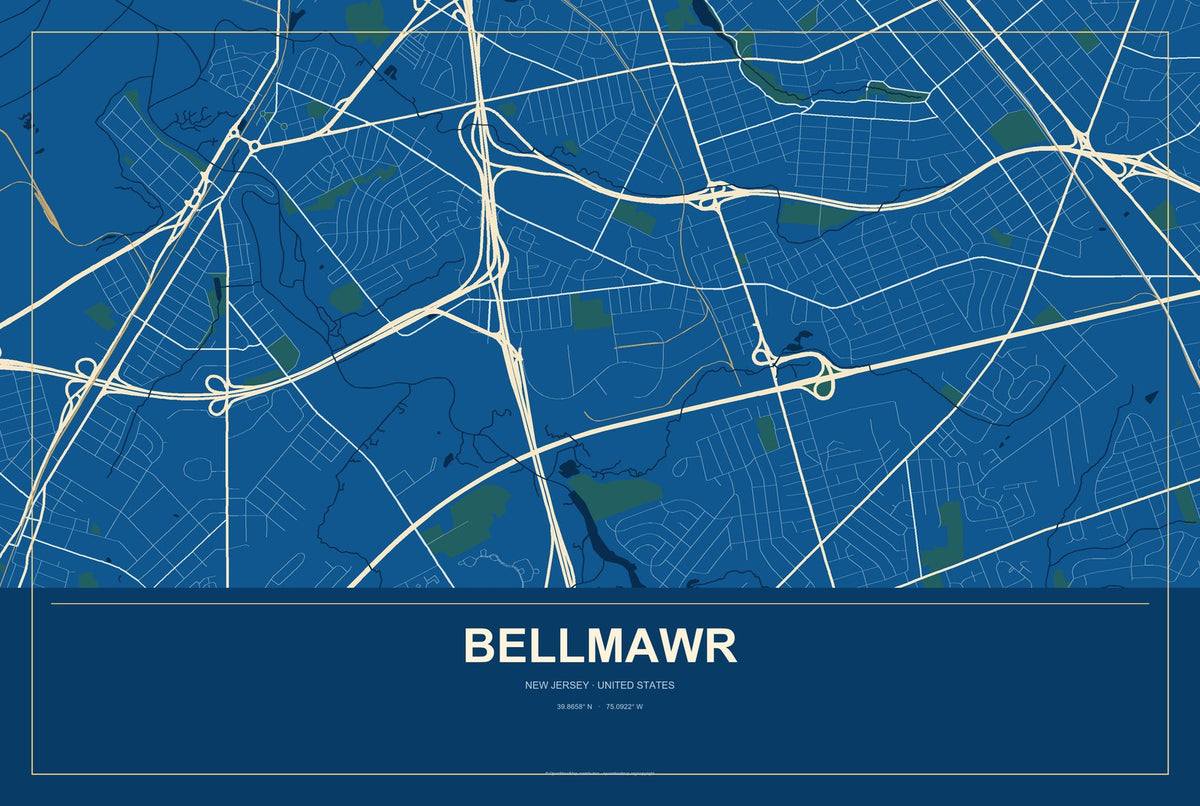 Bellmawr, New Jersey City Map Aluminum Sign in Harbor Cobalt style