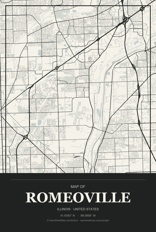 Romeoville, Illinois City Map Aluminum Sign in Museum Plaque style