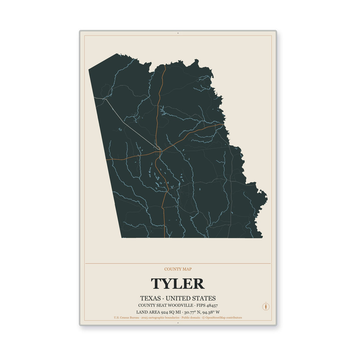 Tyler County, Texas Map Aluminum Sign in Headline Atlas style