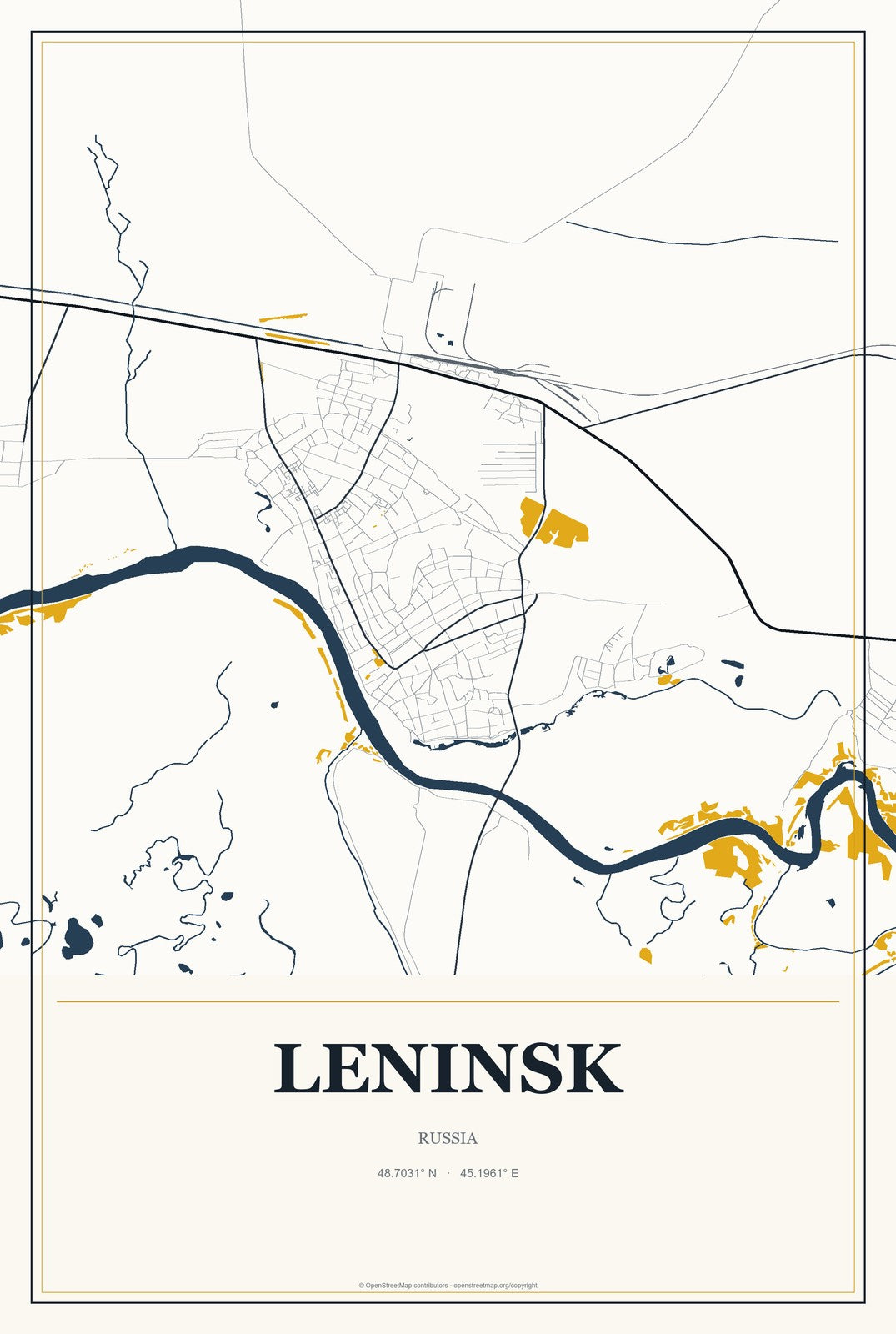 Leninsk, Russia City Map Aluminum Sign in Citrine Modern style