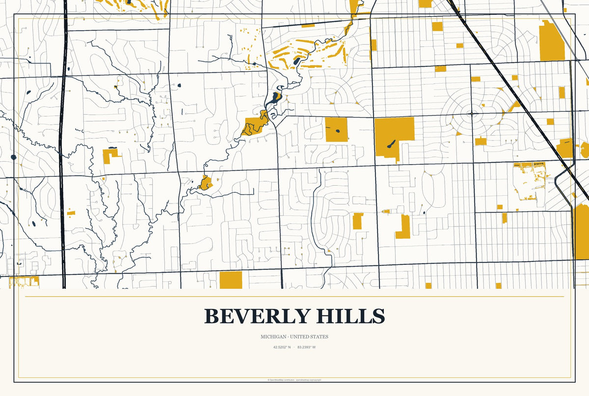 Beverly Hills, Michigan City Map Aluminum Sign in Citrine Modern style